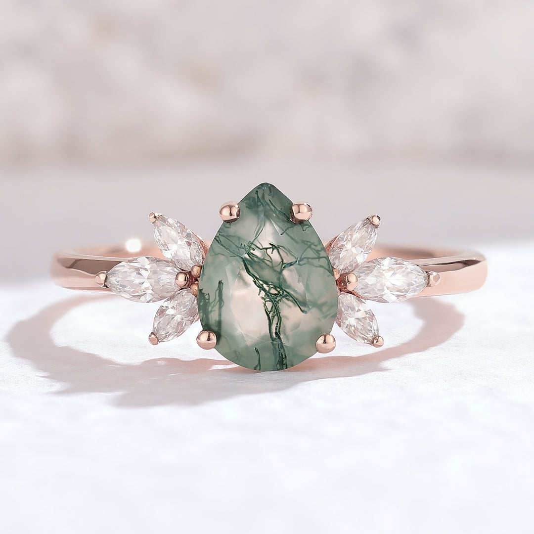 Nature Inspired Pear Cut Moss Agate with Petal Side Engagement Ring