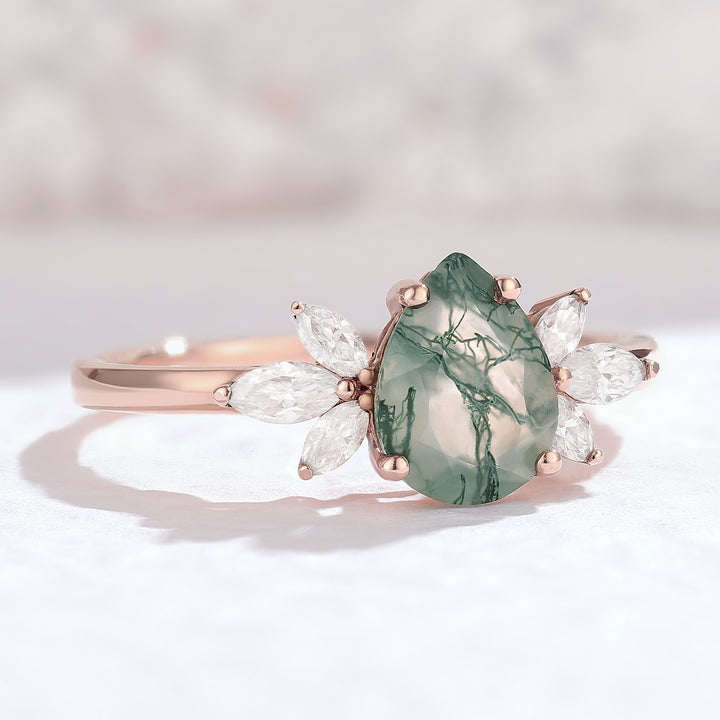 Nature Inspired Pear Cut Moss Agate with Petal Side Engagement Ring