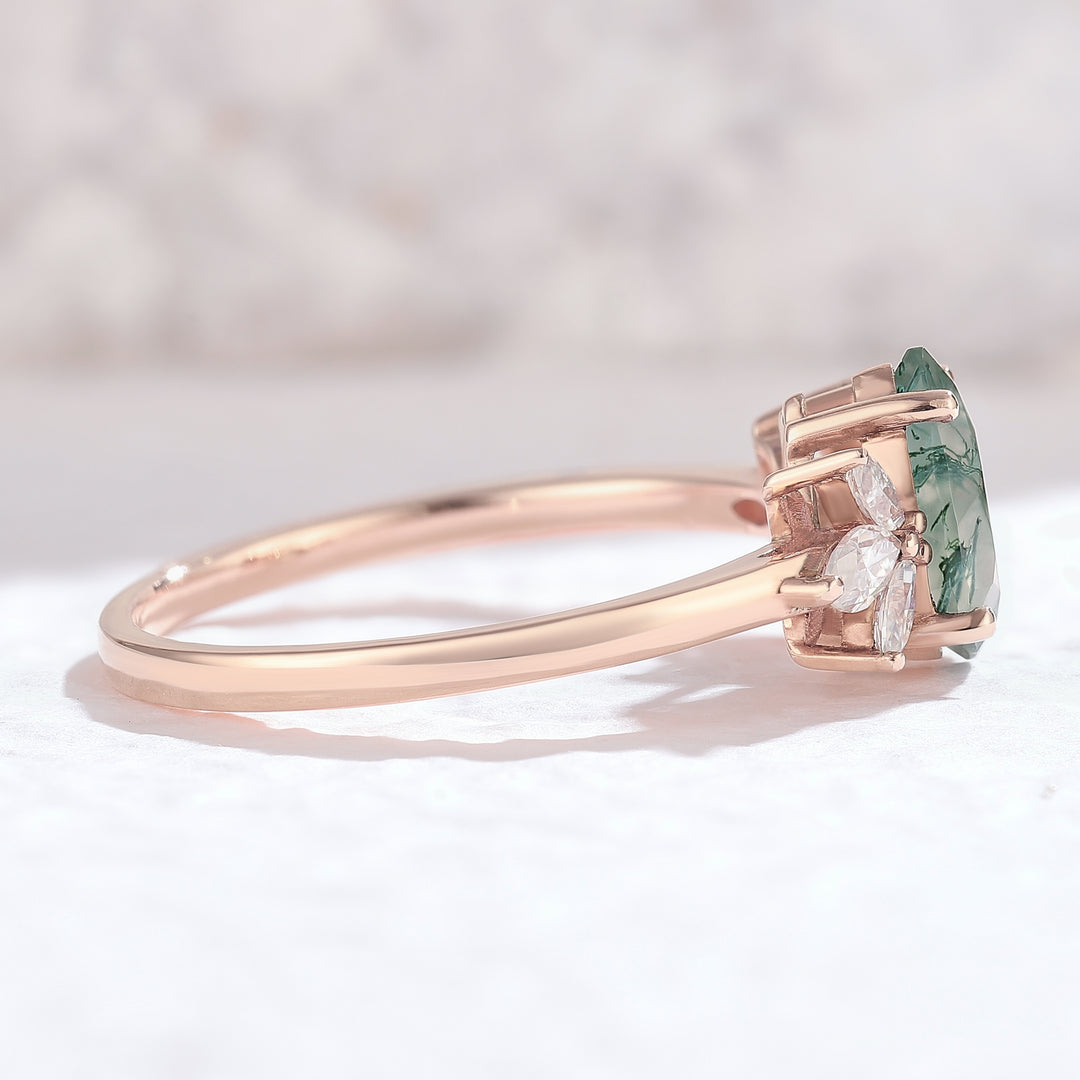 Nature Inspired Pear Cut Moss Agate with Petal Side Engagement Ring