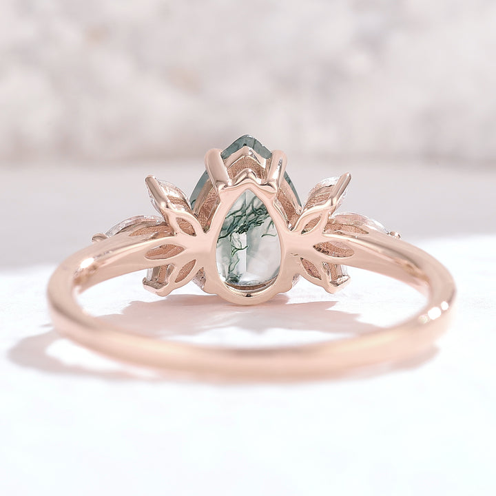 Nature Inspired Pear Cut Moss Agate with Petal Side Engagement Ring