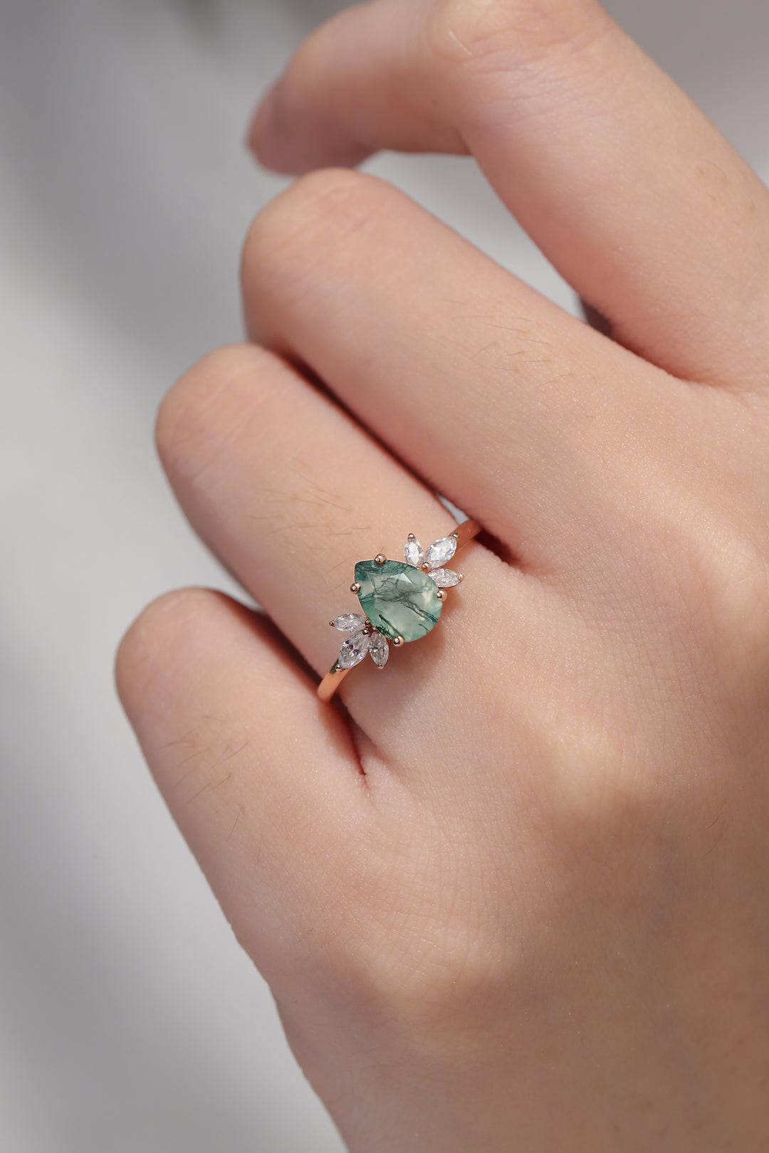 Nature Inspired Pear Cut Moss Agate with Petal Side Engagement Ring