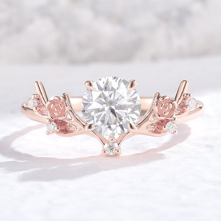 Nature Inspired Round Cut Moissanite Antlers Handmade Ring