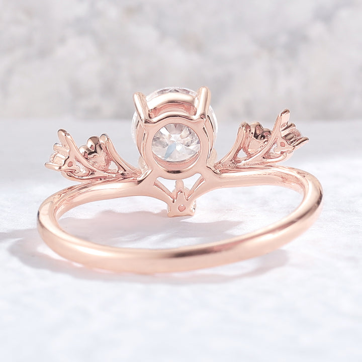 Nature Inspired Round Cut Moissanite Antlers Handmade Ring