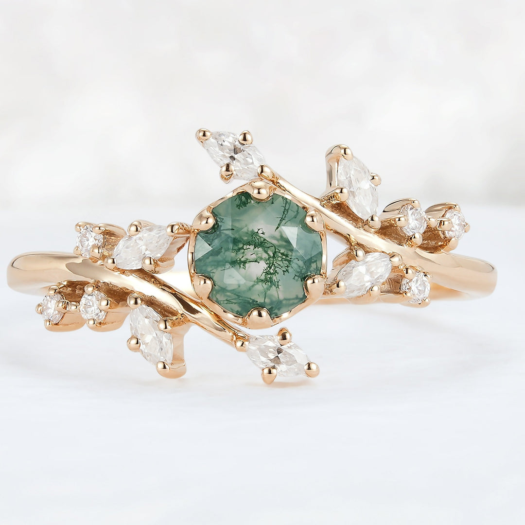 Nature Inspired Round Moss Agate Vine Engagement Ring