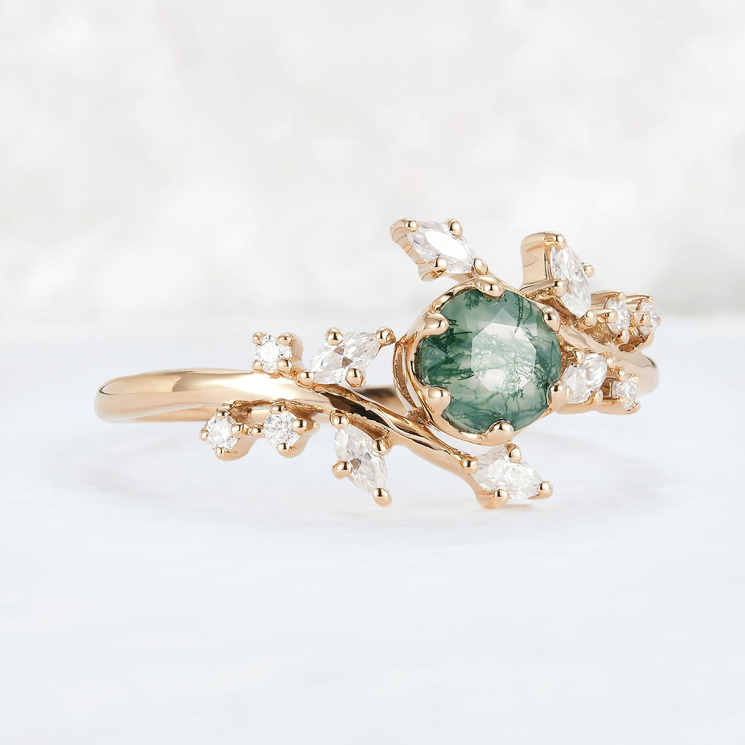 Nature Inspired Round Moss Agate Vine Engagement Ring