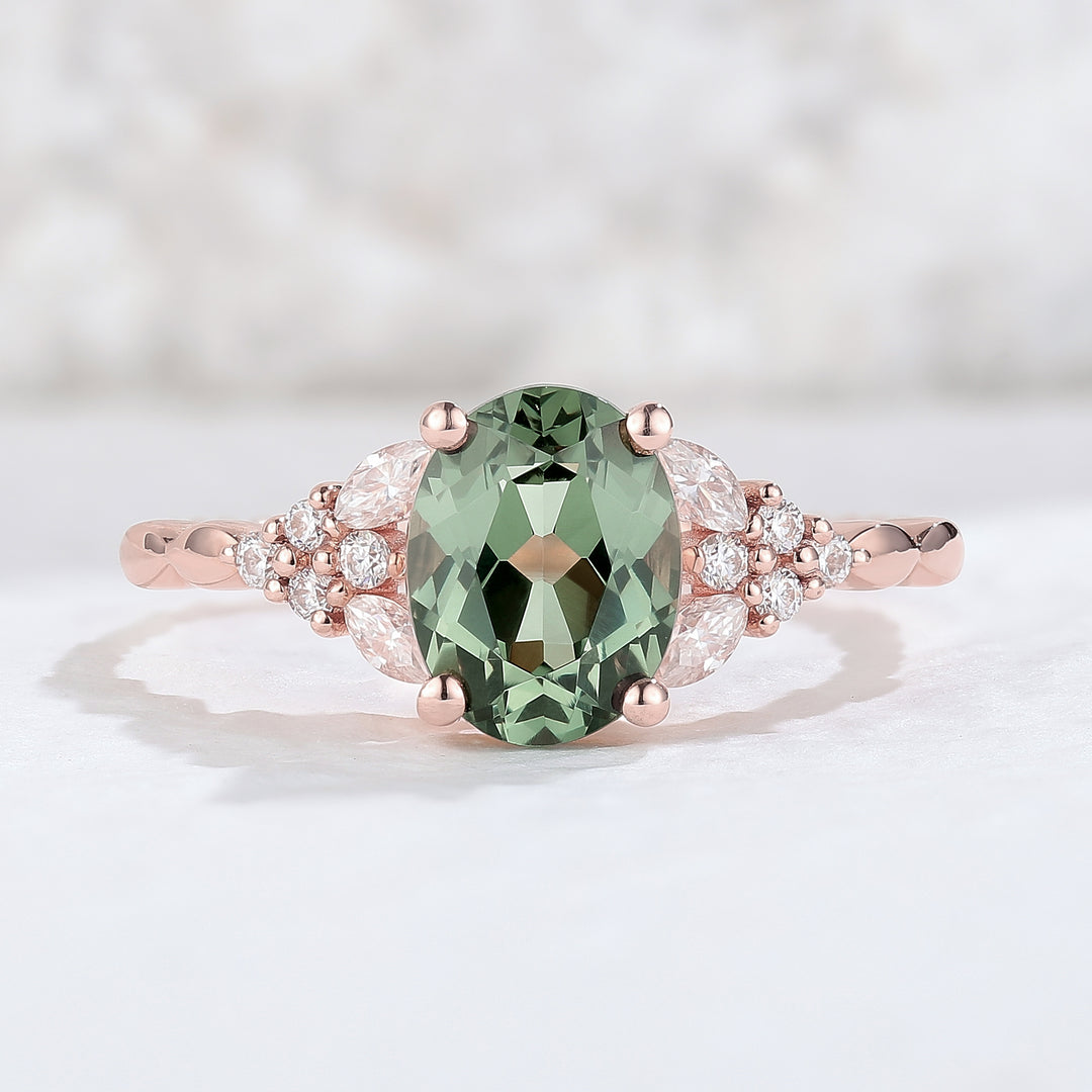 Nature Oval Shaped Green Sapphire Twisted Engagement Ring