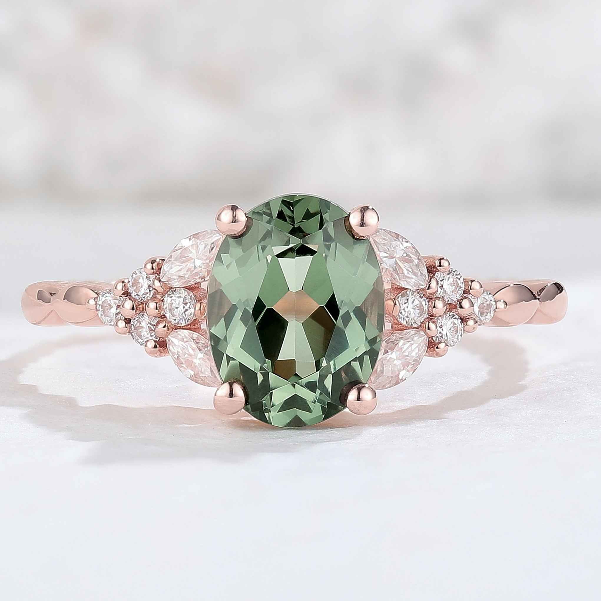 IverJewelry Nature Oval Shaped Green Sapphire Twisted Engagement Ring