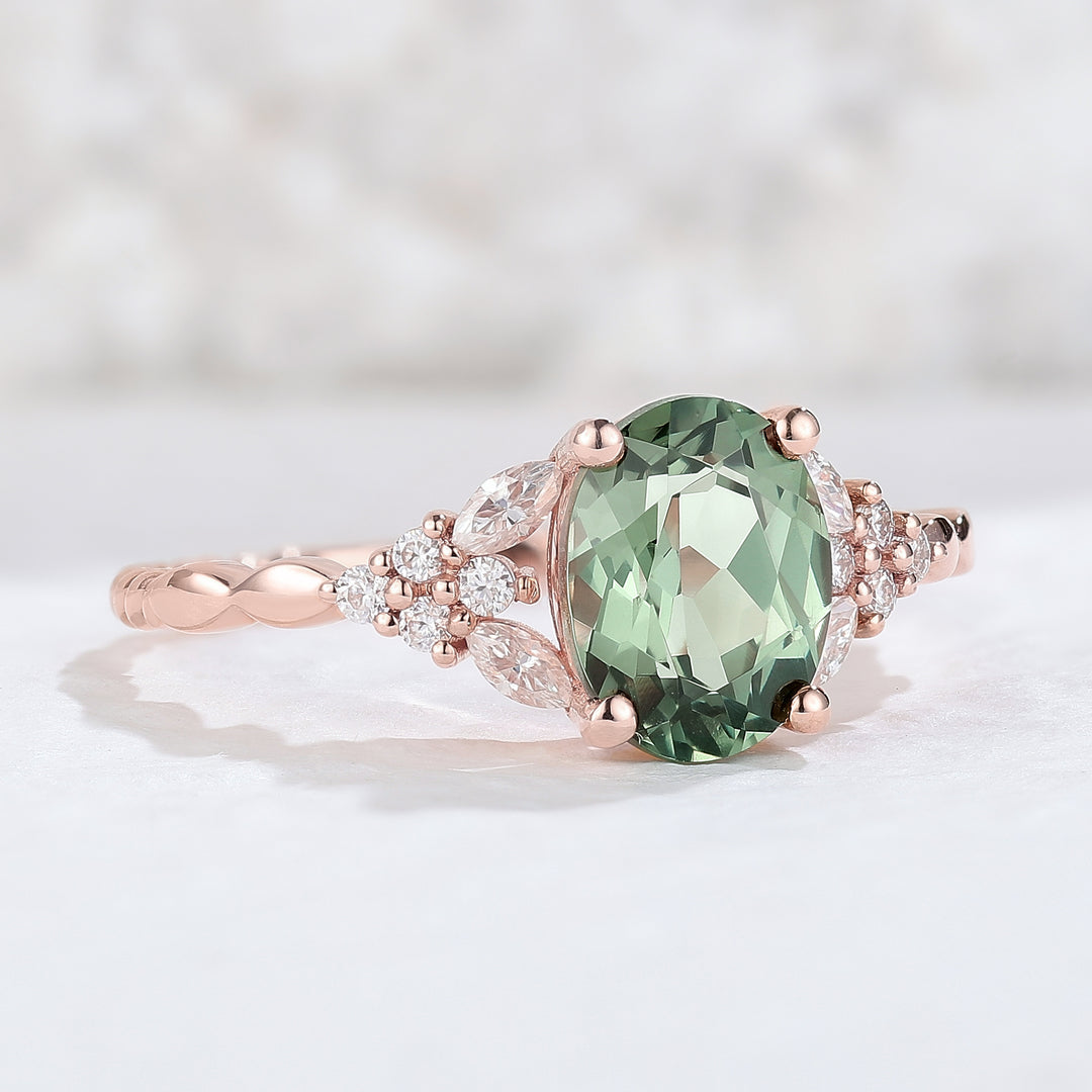 Nature Oval Shaped Green Sapphire Twisted Engagement Ring