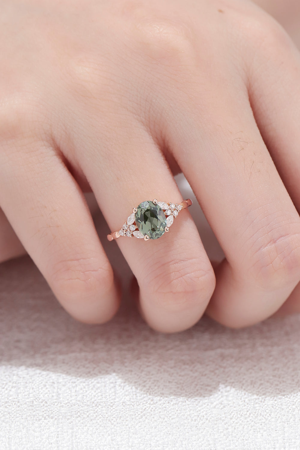 Nature Oval Shaped Green Sapphire Twisted Engagement Ring