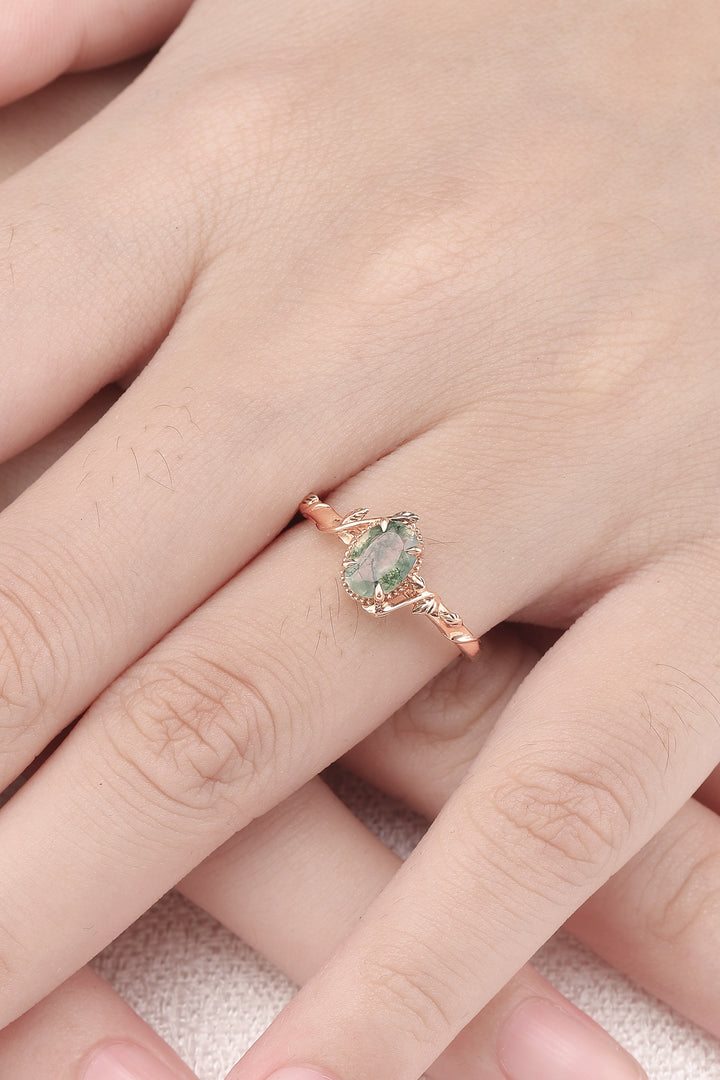 Nature Oval Shaped Moss Agate Leaf Engagement Ring