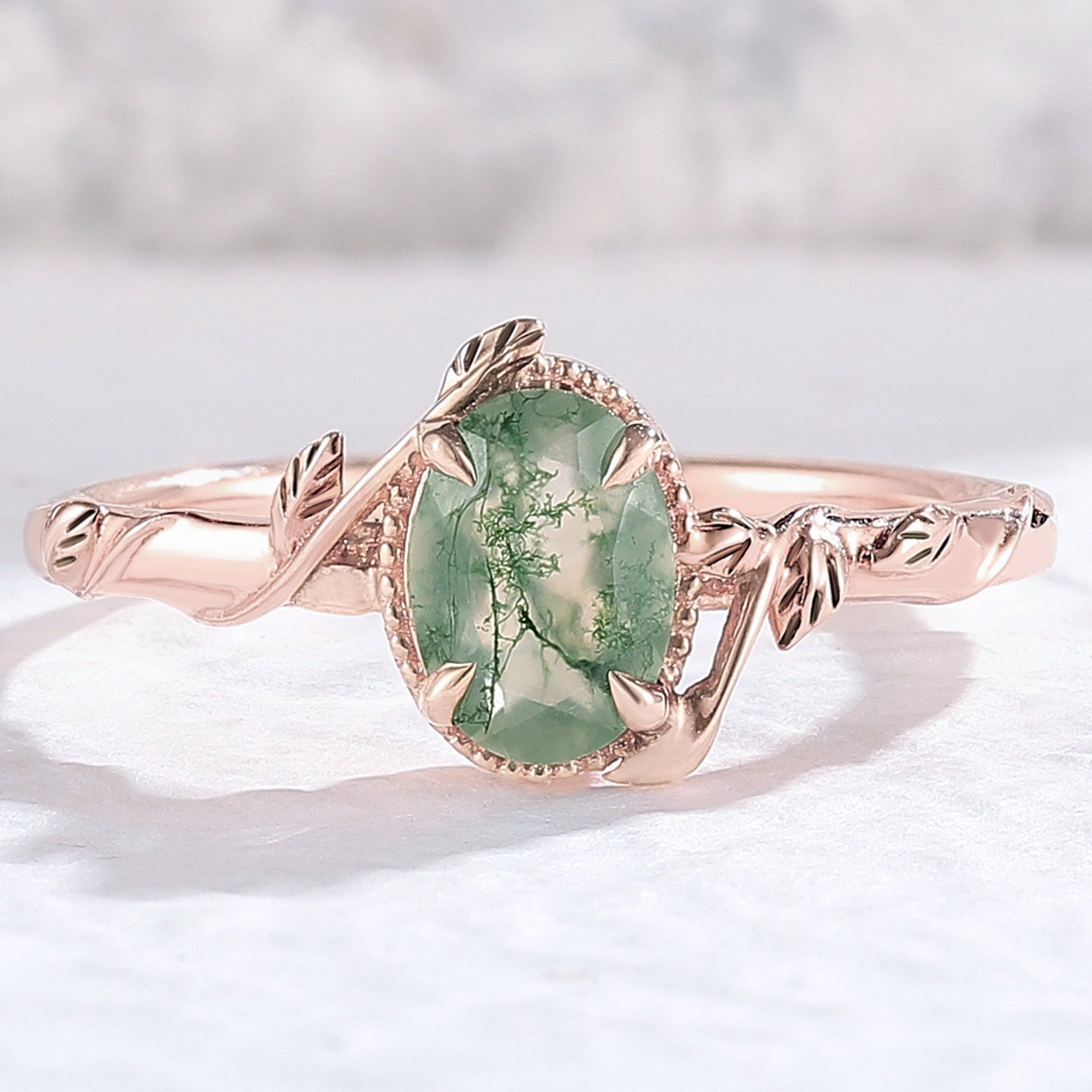 Nature Oval Shaped Moss Agate Leaf Engagement Ring
