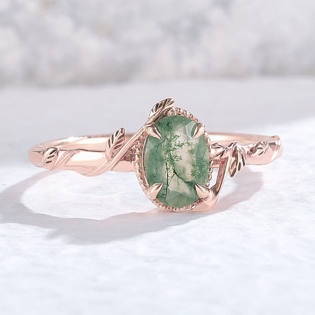 Nature Oval Shaped Moss Agate Leaf Engagement Ring