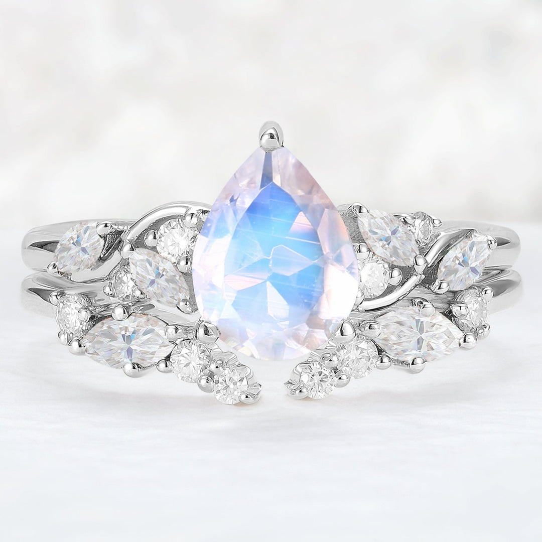 Nature Pear Shaped Moonstone Vine Engagement Ring Set 2pcs