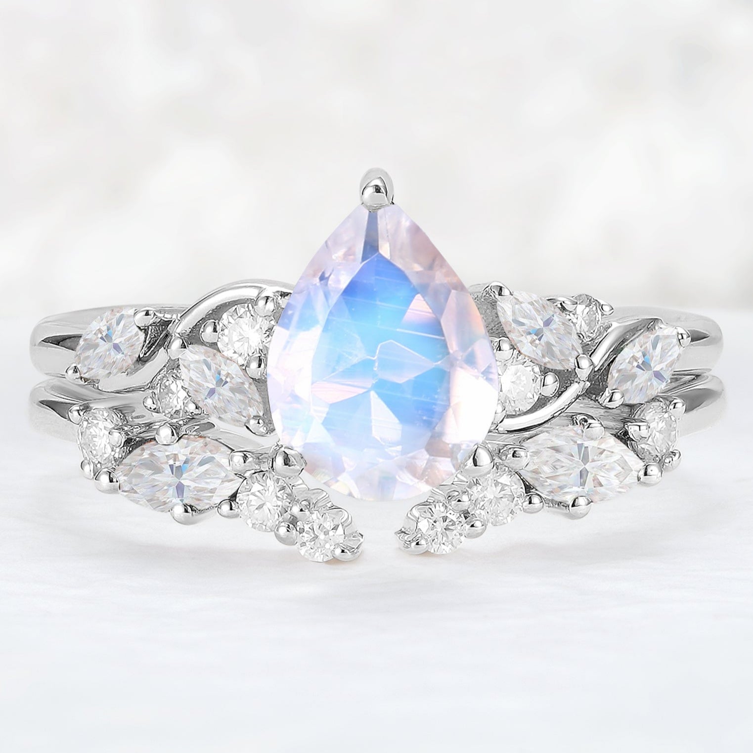 Nature Pear Shaped Moonstone Vine Engagement Ring Set 2pcs