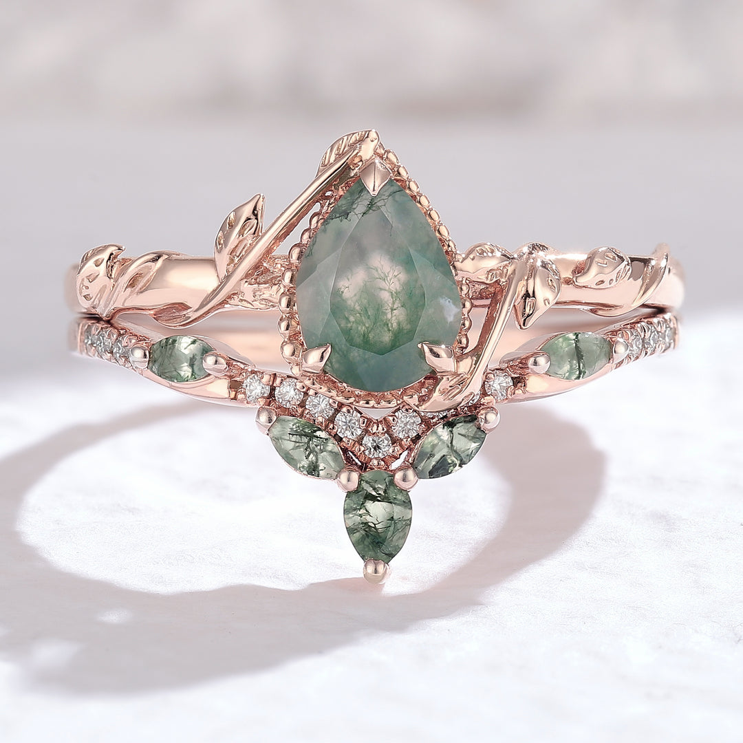 Nature Pear Shaped Moss Agate Leaf Engagement Ring Set 2pcs