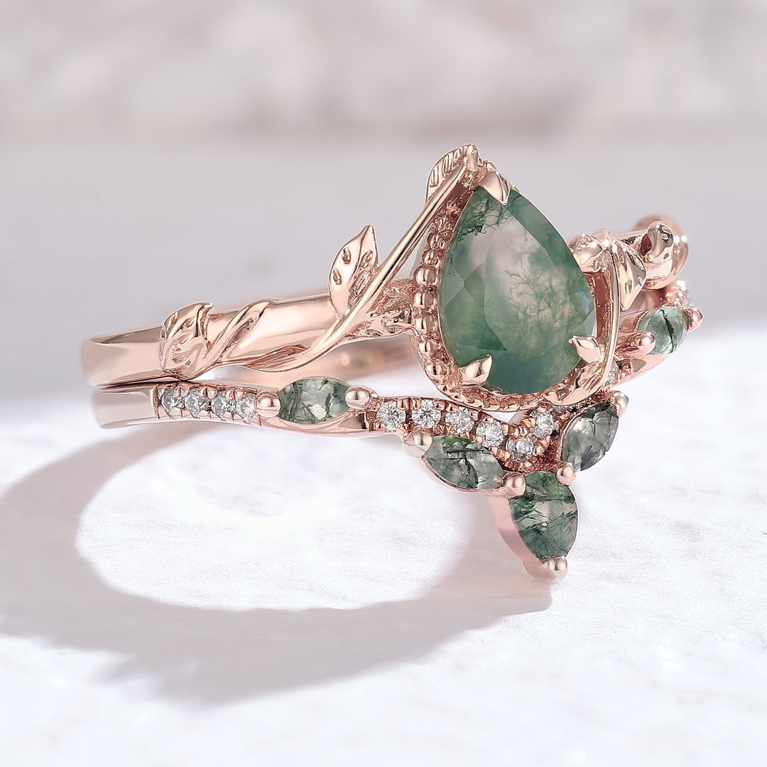 Nature Pear Shaped Moss Agate Leaf Engagement Ring Set 2pcs
