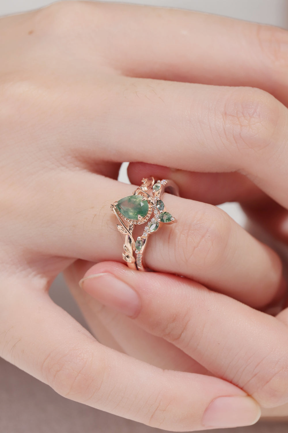 Nature Pear Shaped Moss Agate Leaf Engagement Ring Set 2pcs