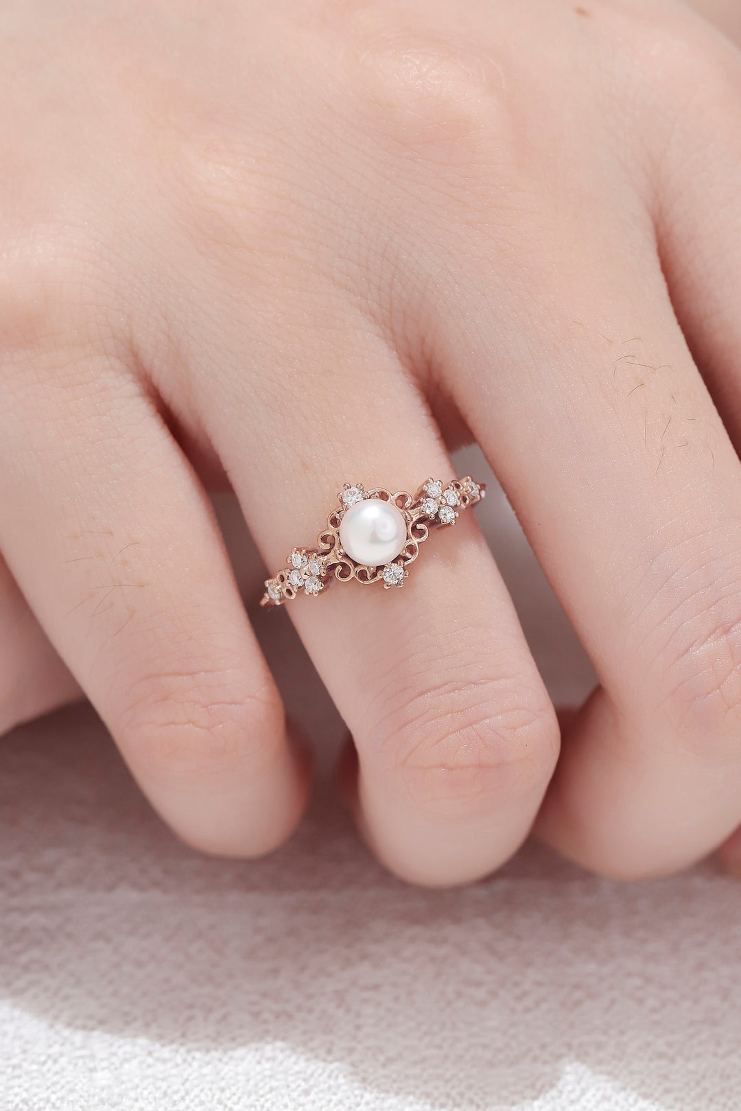 Nature Pearl Vine and Floral Engagement Ring