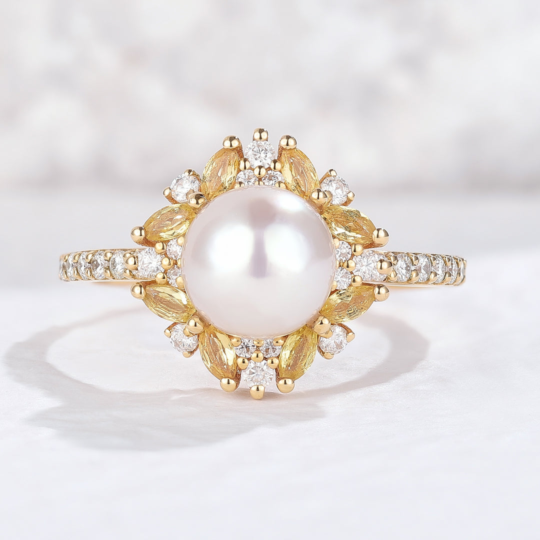 Nature Pearl and Citrine Half Enternity Engagement Ring