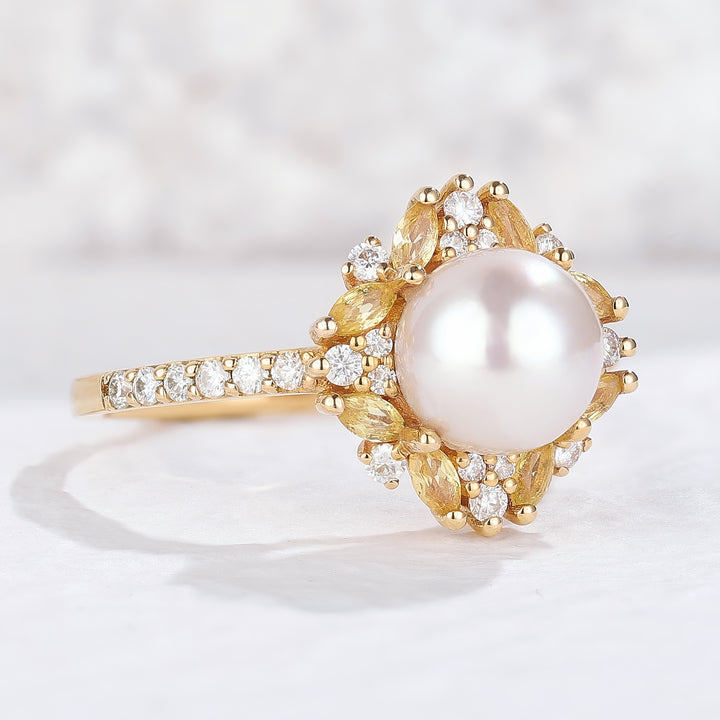 Nature Pearl and Citrine Half Enternity Engagement Ring