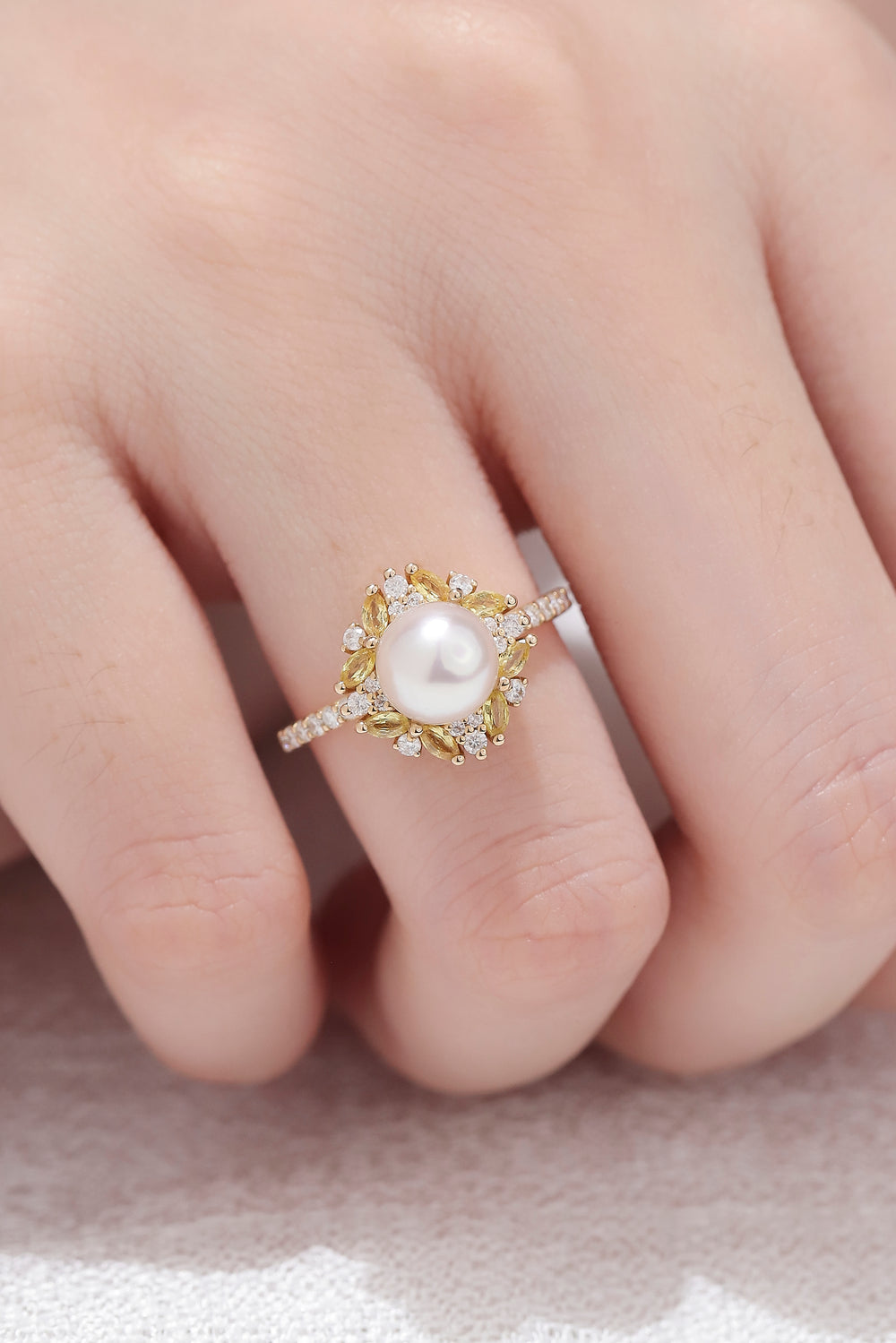 Nature Pearl and Citrine Half Enternity Engagement Ring