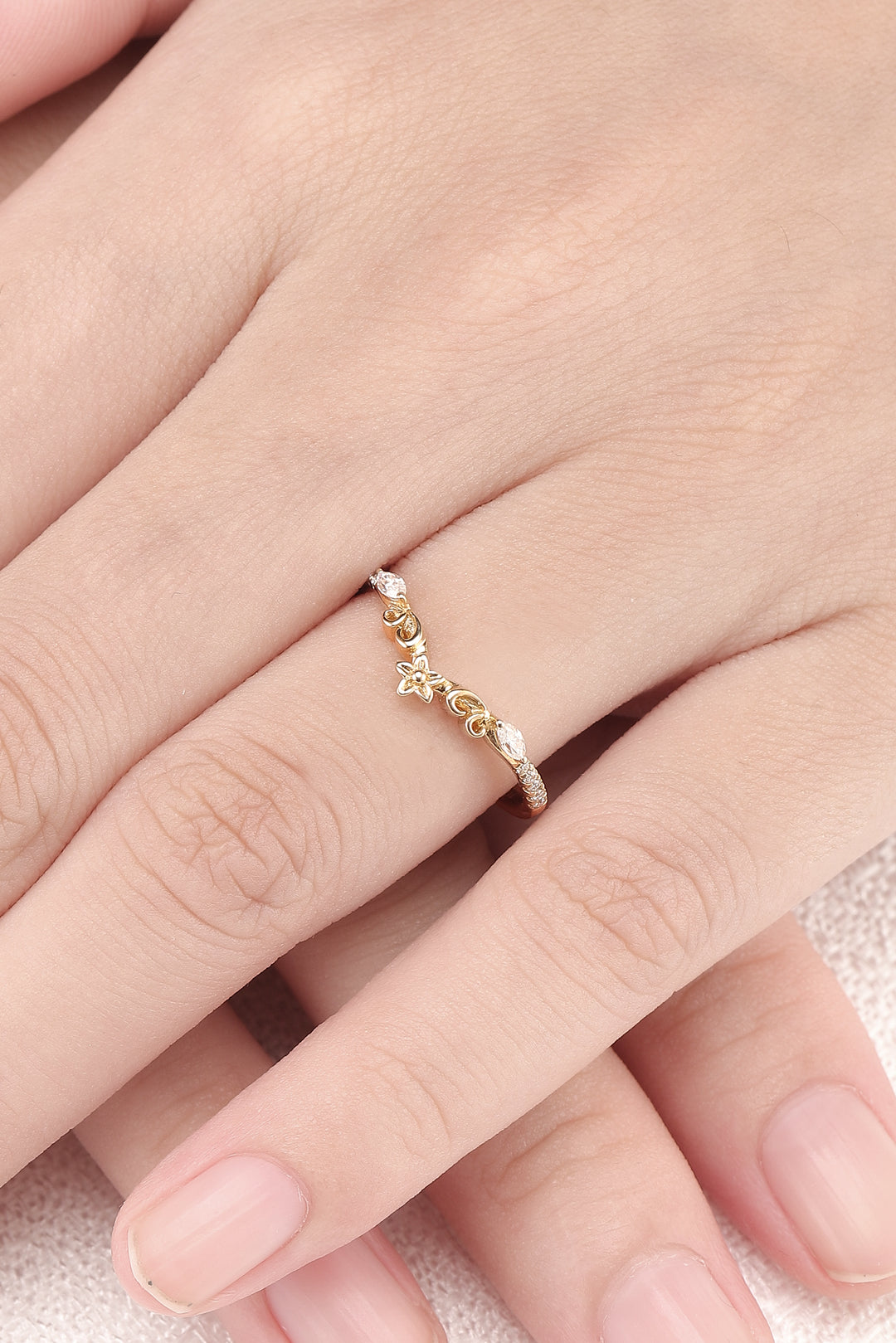 Nature Flora Marquise Cut Moissanite 14k Yellow Gold Wedding Ring