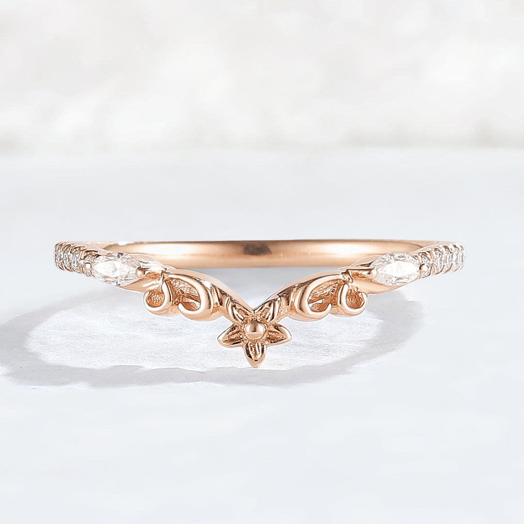 Nature Flora Marquise Cut Moissanite 14k Yellow Gold Wedding Ring