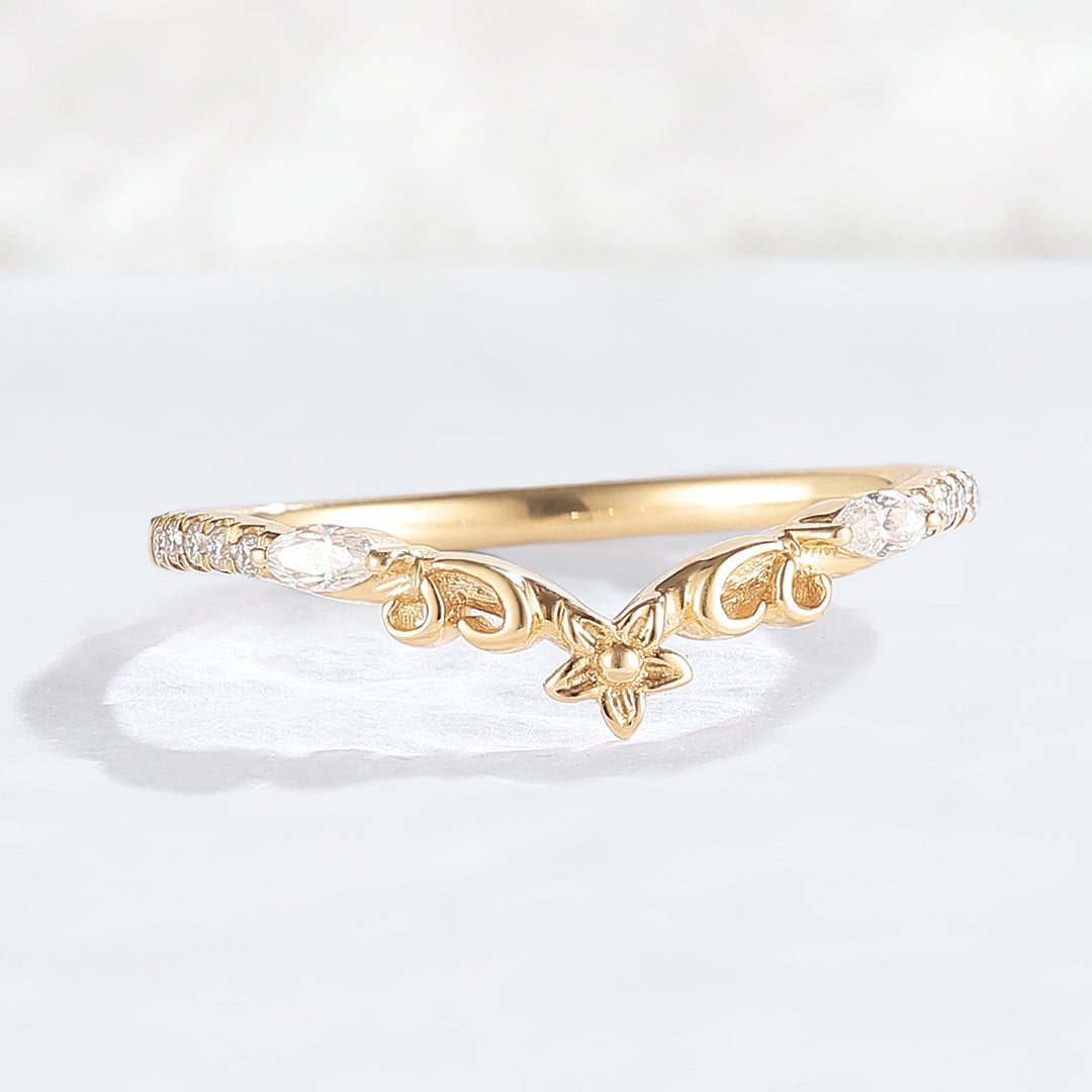 Nature Flora Marquise Cut Moissanite 14k Yellow Gold Wedding Ring