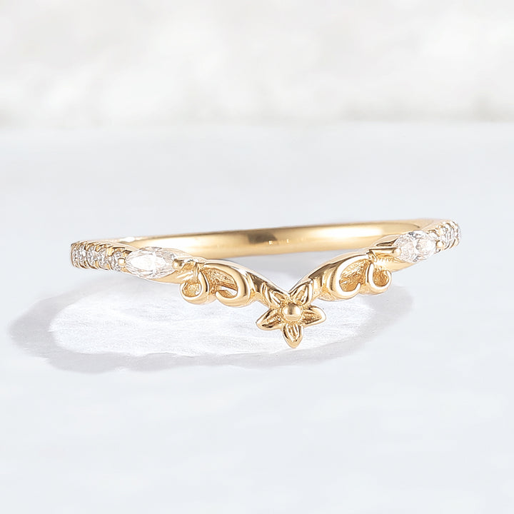 Nature Flora Marquise Cut Moissanite 14k Yellow Gold Wedding Ring