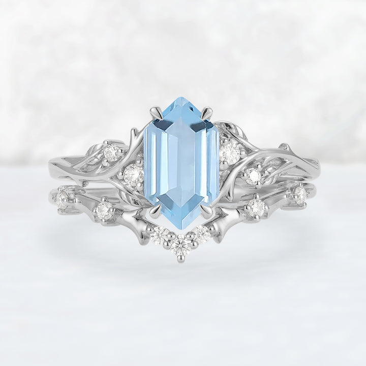 Nature Hexagon Cut Aquamarine Vine Gemstone Ring Set 2pcs