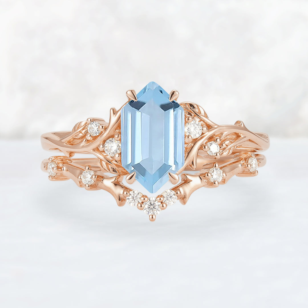 Nature Hexagon Cut Aquamarine Vine Gemstone Ring Set 2pcs