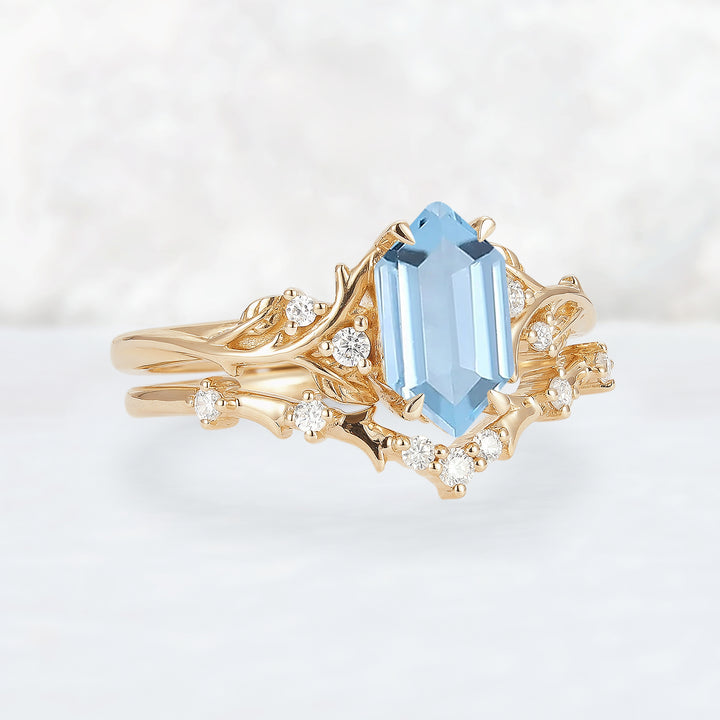 Nature Hexagon Cut Aquamarine Vine Gemstone Ring Set 2pcs