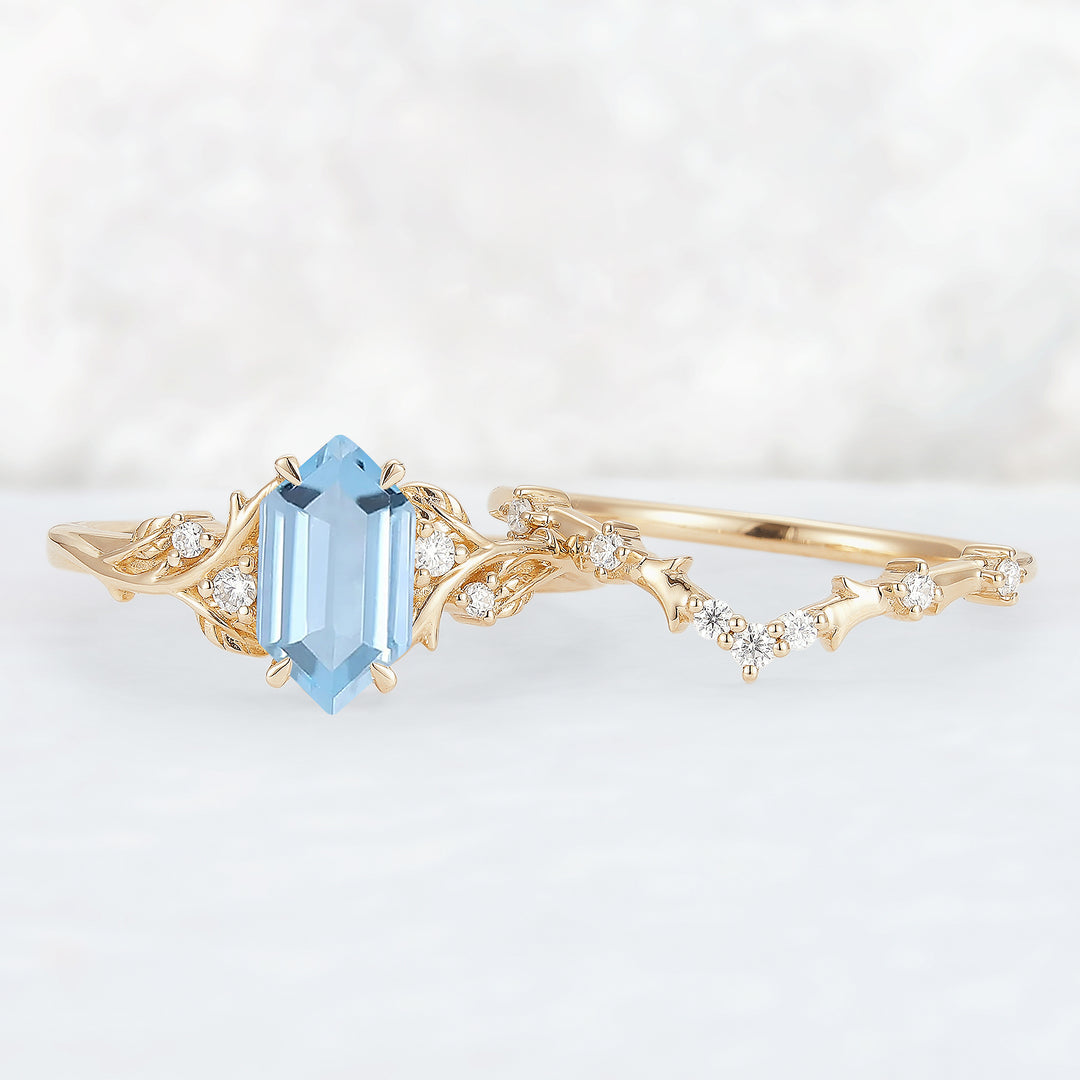 Nature Hexagon Cut Aquamarine Vine Gemstone Ring Set 2pcs