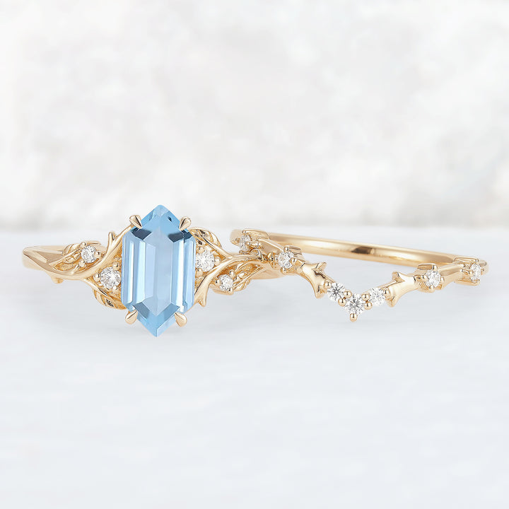 Nature Hexagon Cut Aquamarine Vine Gemstone Ring Set 2pcs