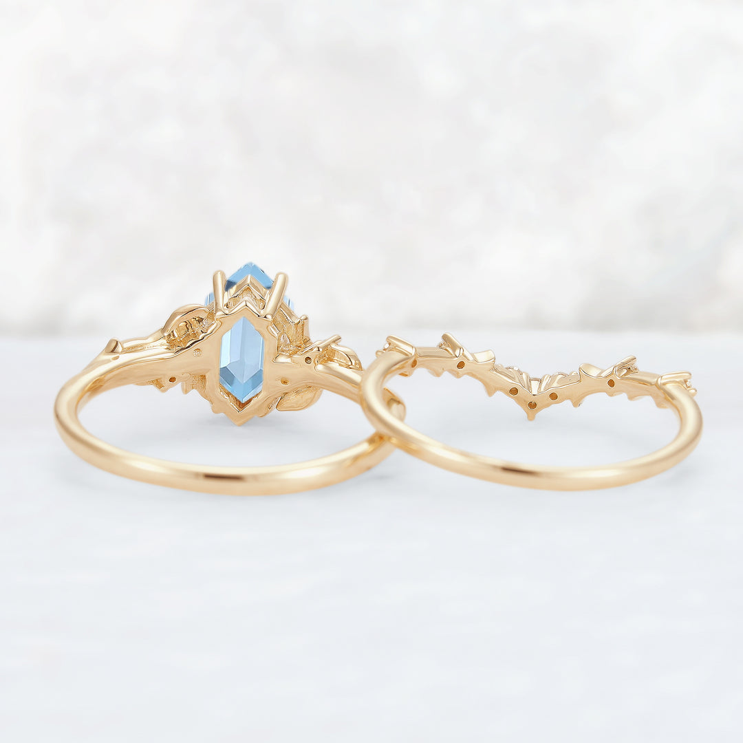Nature Hexagon Cut Aquamarine Vine Gemstone Ring Set 2pcs