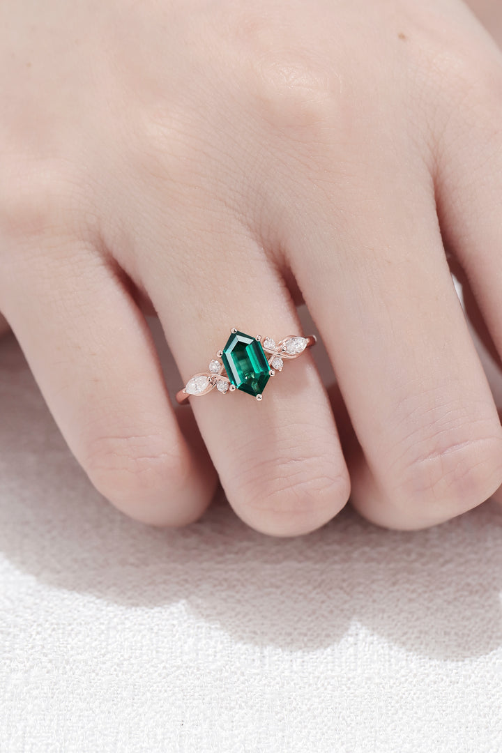 Nature Hexagon Cut Emerald Five Stone Gemstone Ring