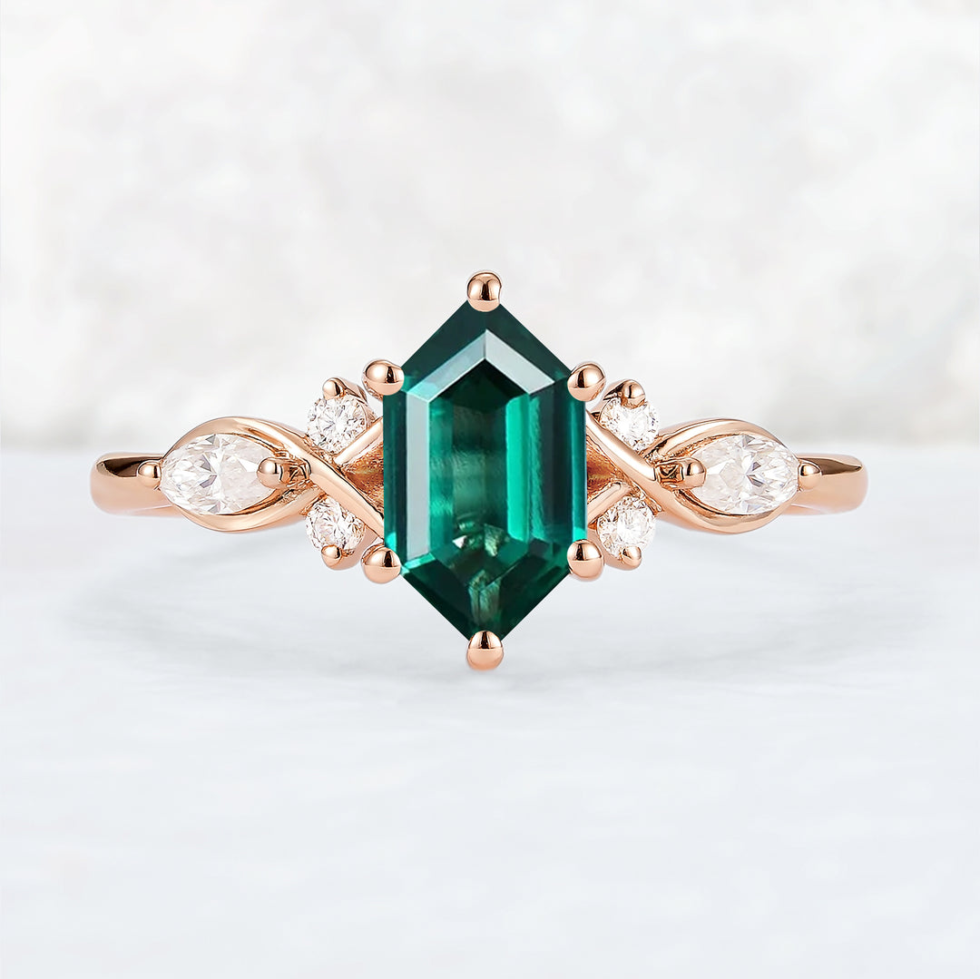 Nature Hexagon Cut Emerald Five Stone Gemstone Ring