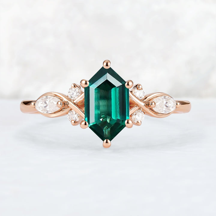 Nature Hexagon Cut Emerald Five Stone Gemstone Ring