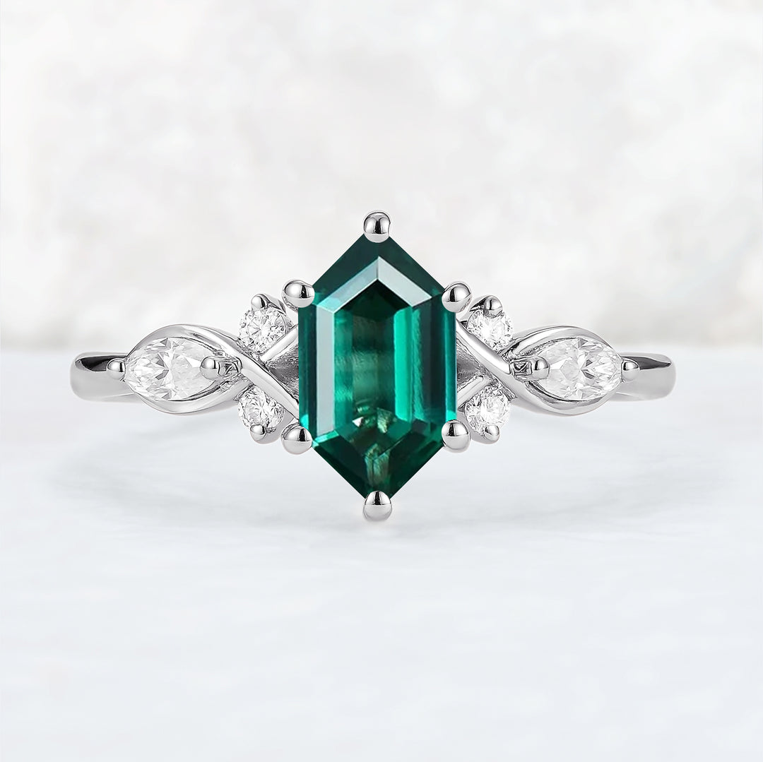 Nature Hexagon Cut Emerald Five Stone Gemstone Ring