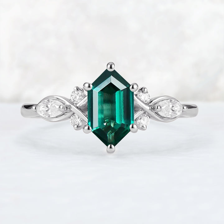 Nature Hexagon Cut Emerald Five Stone Gemstone Ring