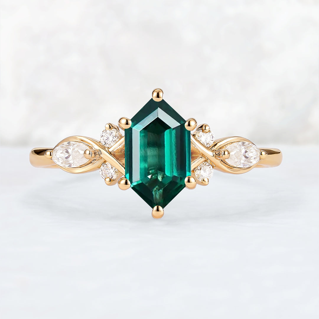 Nature Hexagon Cut Emerald Five Stone Gemstone Ring