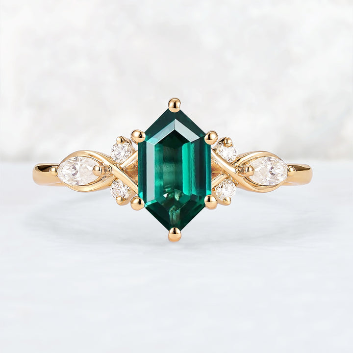 Nature Hexagon Cut Emerald Five Stone Gemstone Ring