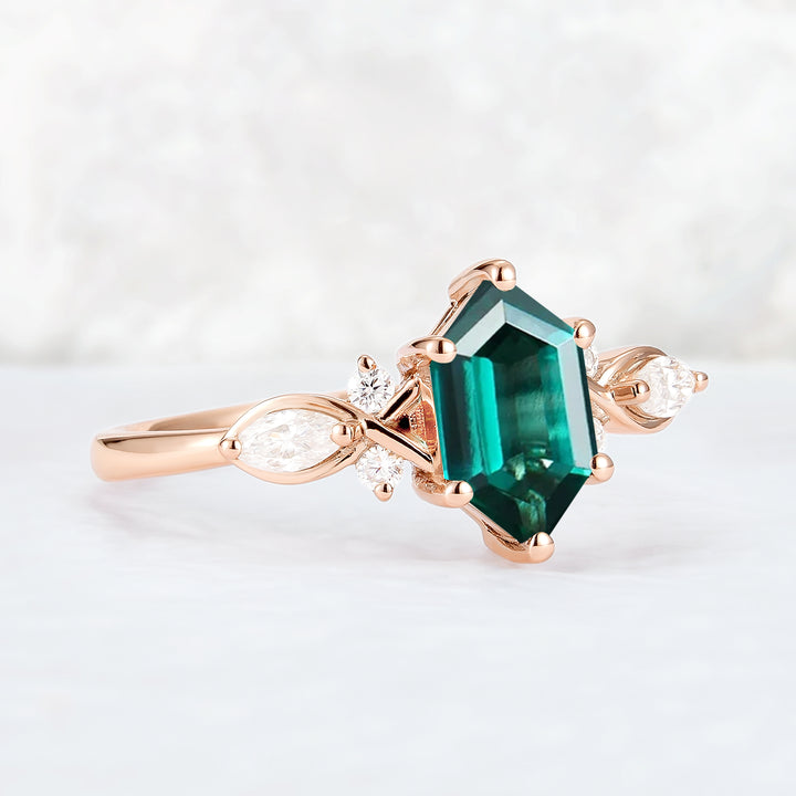 Nature Hexagon Cut Emerald Five Stone Gemstone Ring