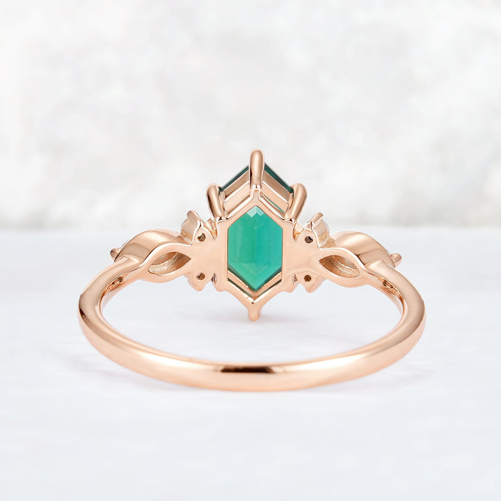 Nature Hexagon Cut Emerald Five Stone Gemstone Ring