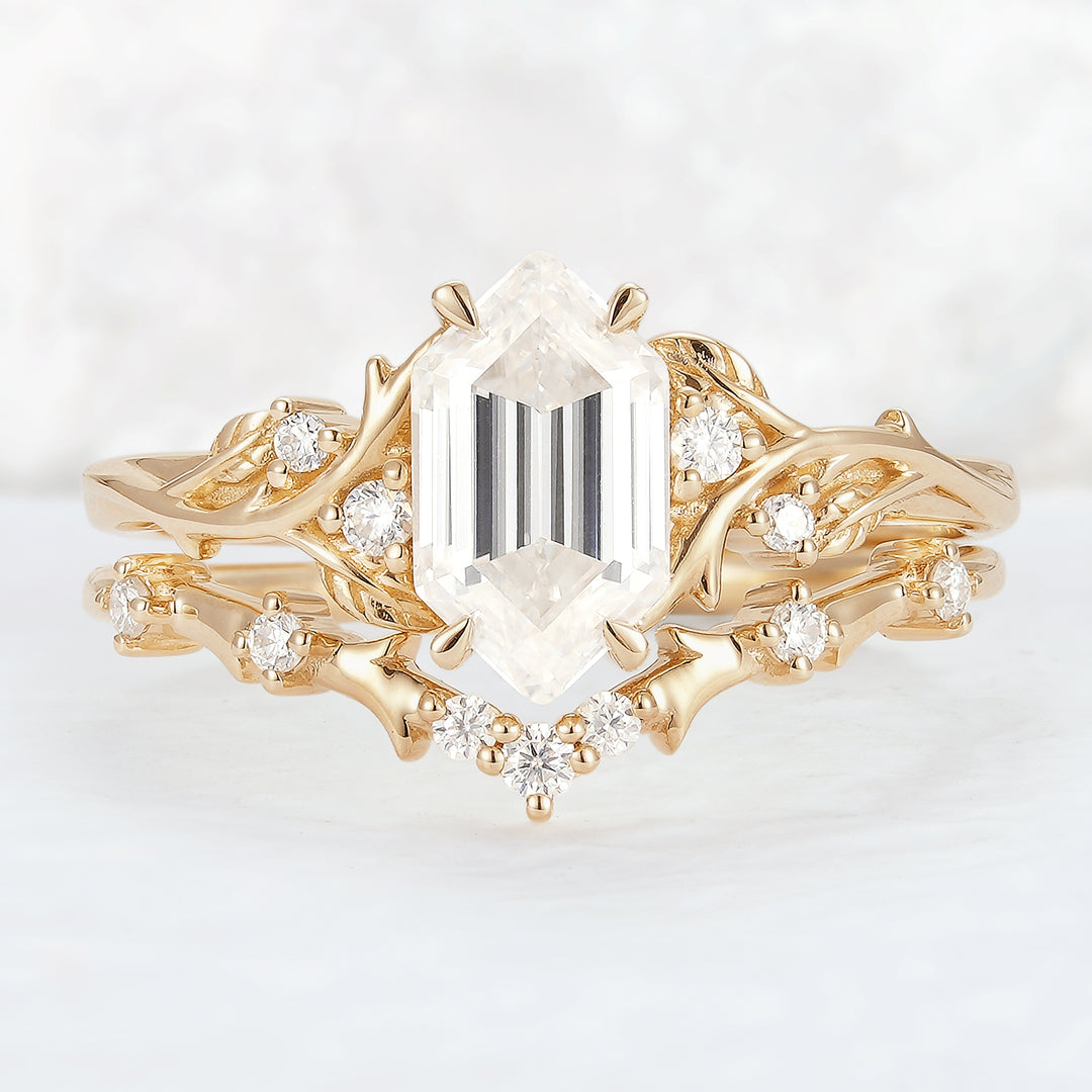 Nature Hexagon Cut Moissanite Vine Gemstone Ring Set 2pcs