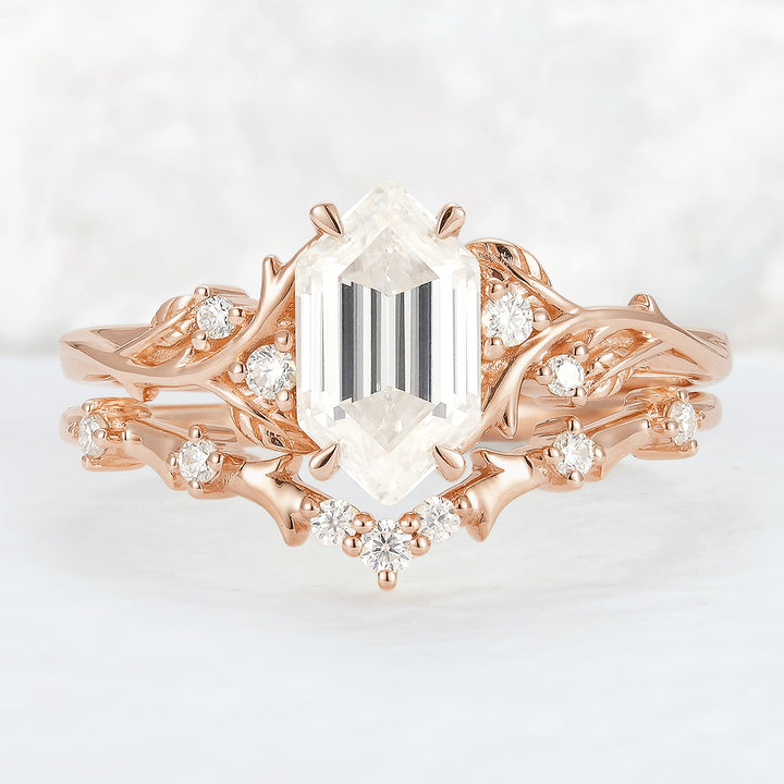 Nature Hexagon Cut Moissanite Vine Gemstone Ring Set 2pcs
