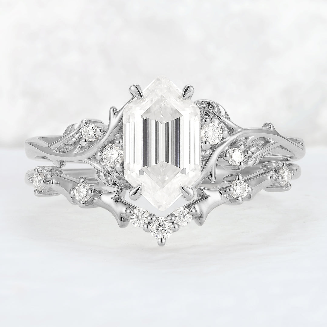 Nature Hexagon Cut Moissanite Vine Gemstone Ring Set 2pcs