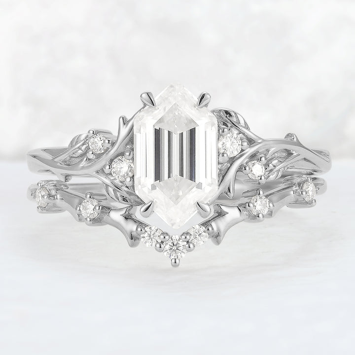 Nature Hexagon Cut Moissanite Vine Gemstone Ring Set 2pcs