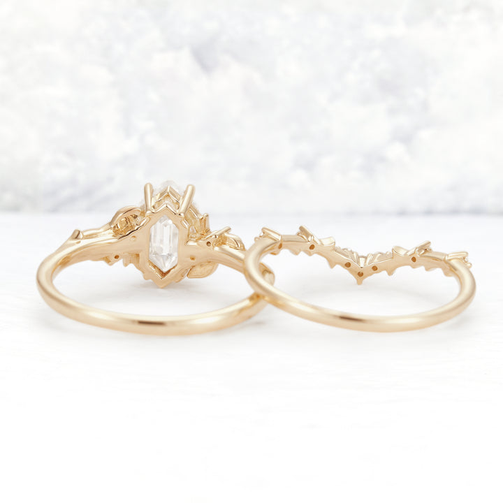 Nature Hexagon Cut Moissanite Vine Gemstone Ring Set 2pcs