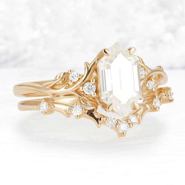 Nature_Hexagon_Cut_Moissanite_Vine_Gemstone_Ring_Set_2pcs_2